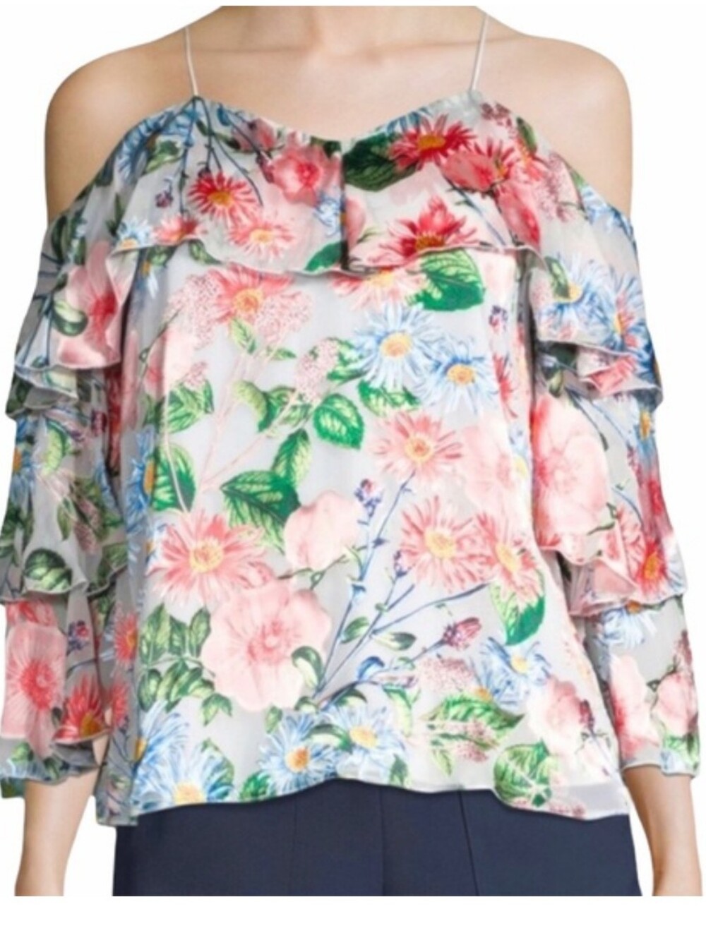 Alice + Olivia Marylee Silk Cold Shoulder Ruffle Floral Blouse Top Small